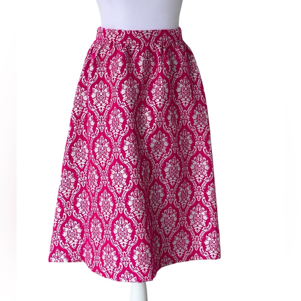 Jealous Tomato Fuchsia Pink Silvery White Brocade Damask Skirt Sz M Full Midi